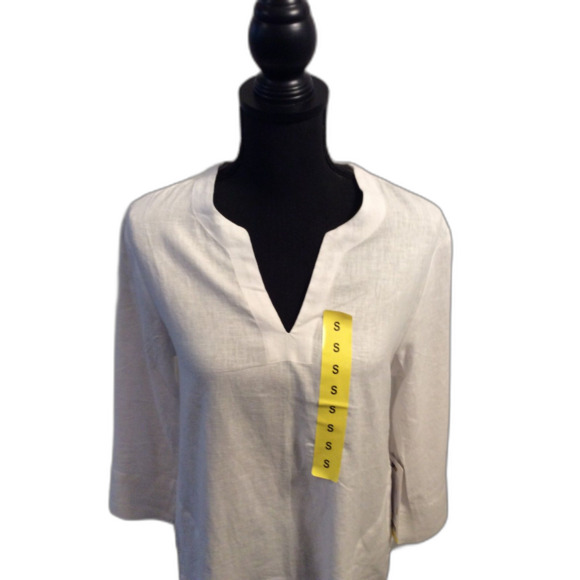 New NWT Linen blend Land's End Small S White Split Neck 3/4 Sleeve Tunic Top - Picture 3 of 5